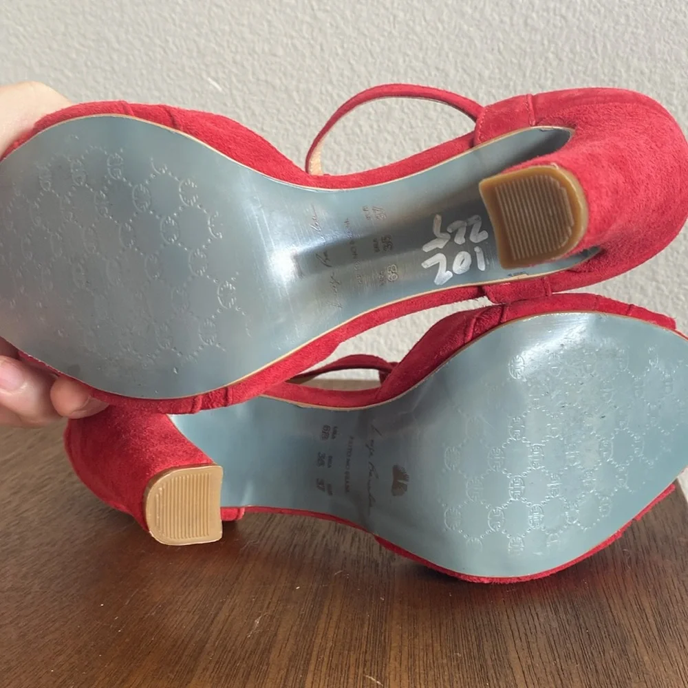 Luiza Barcelos Red Suede Blue Soled Strappy Heels, Brazil, Women’s 6 B